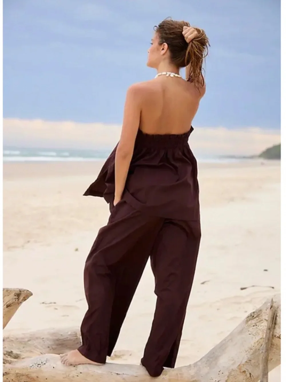 Free People Corfu Tube Set Strapless Top Wide Leg Pants Black
